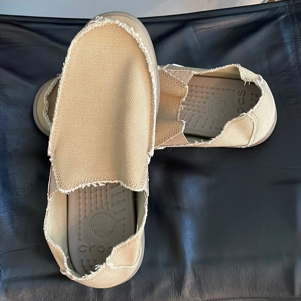 Brand new never worn tan Crocs mens slip on shoe